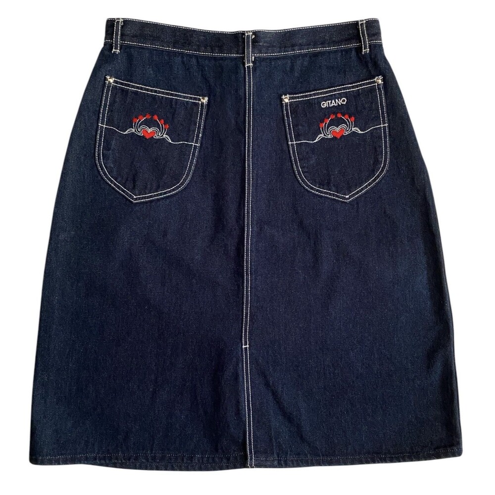 Retro Statement Gitano Skirt Denim Jean Heart Embroidered 30" Waist Vtg